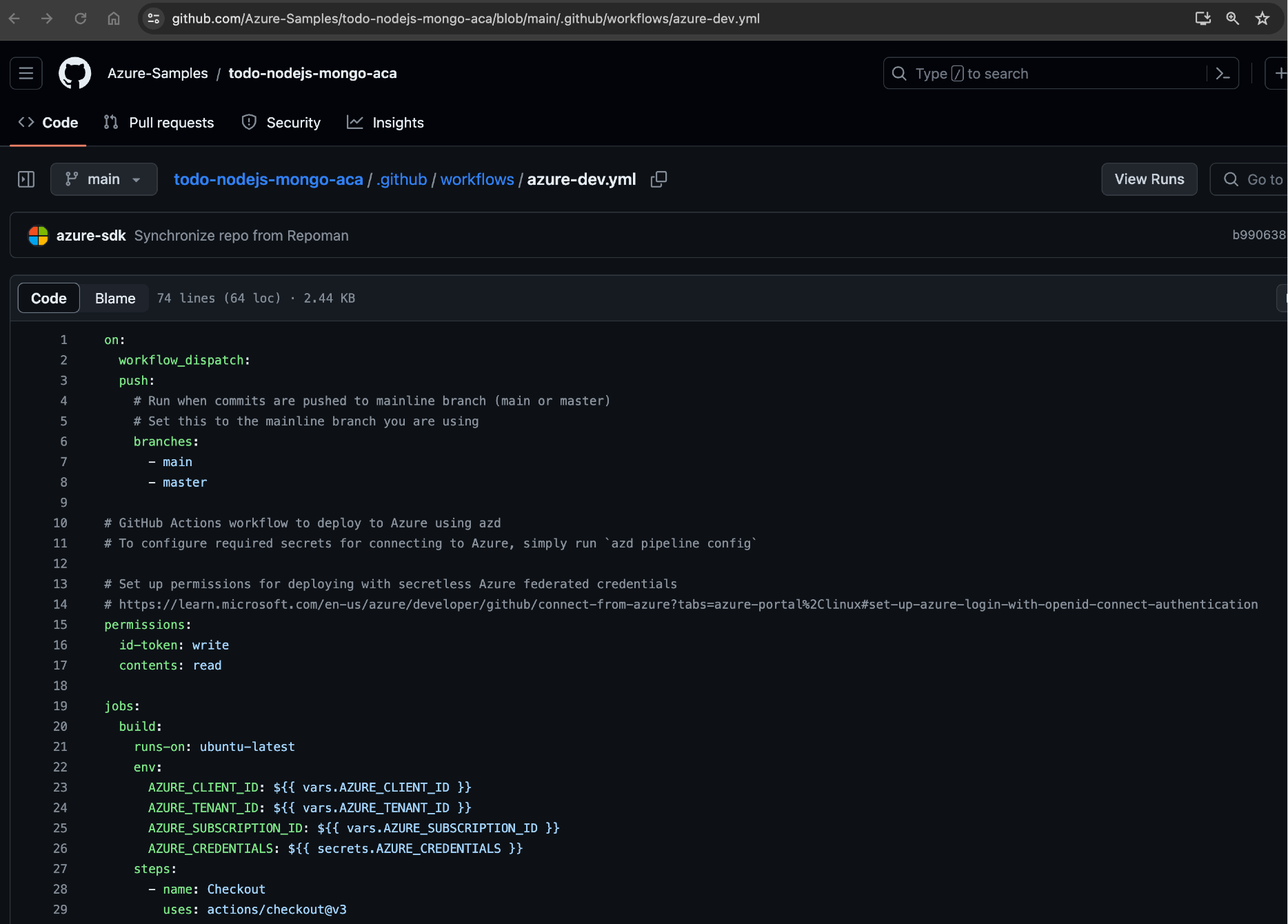 Browser screenshot of template source code azure-dev.yml