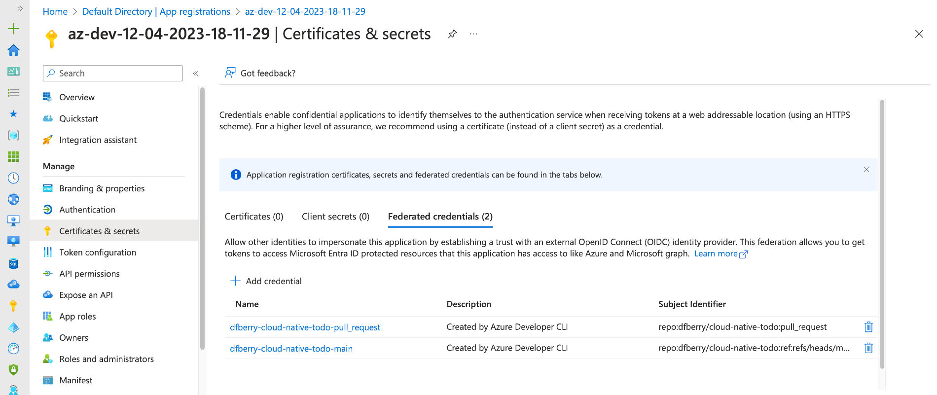 Browser screenshot of federated credentials