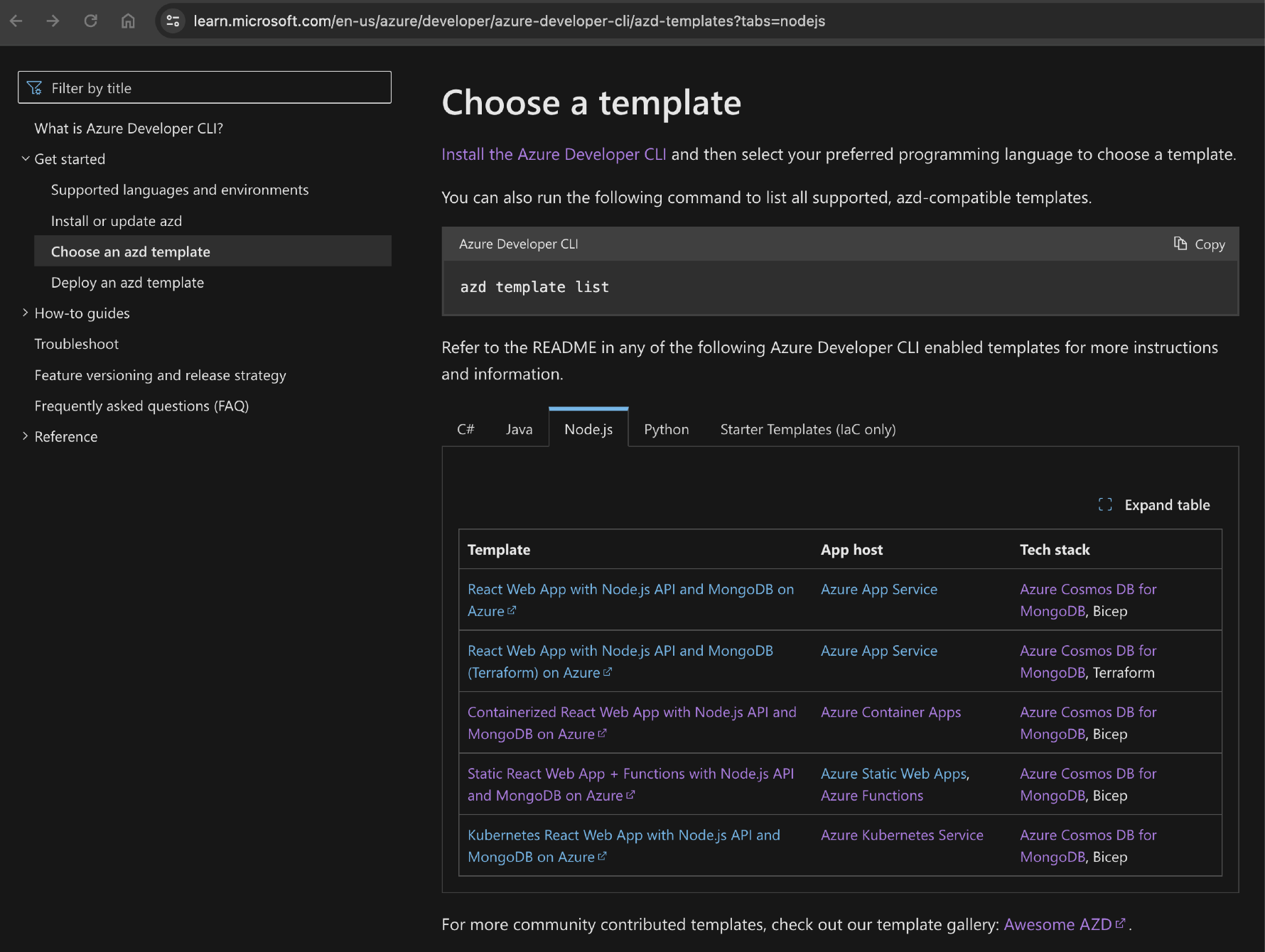 Browser screenshot of the Azure Developer CLI template table by language and host
