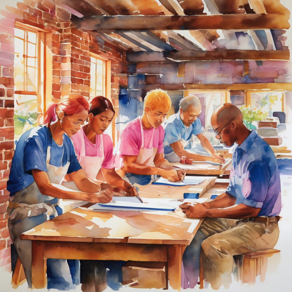 Watercolor illustration of a sunlit woodworking workshop with a team working on projects.
