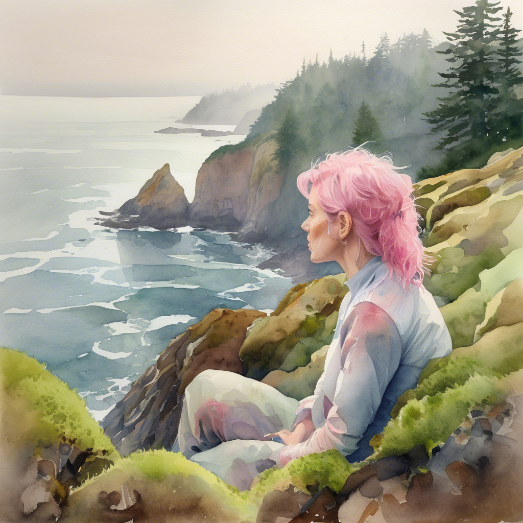 A woman with pink hair stands at a rocky coastline, watching and thinking