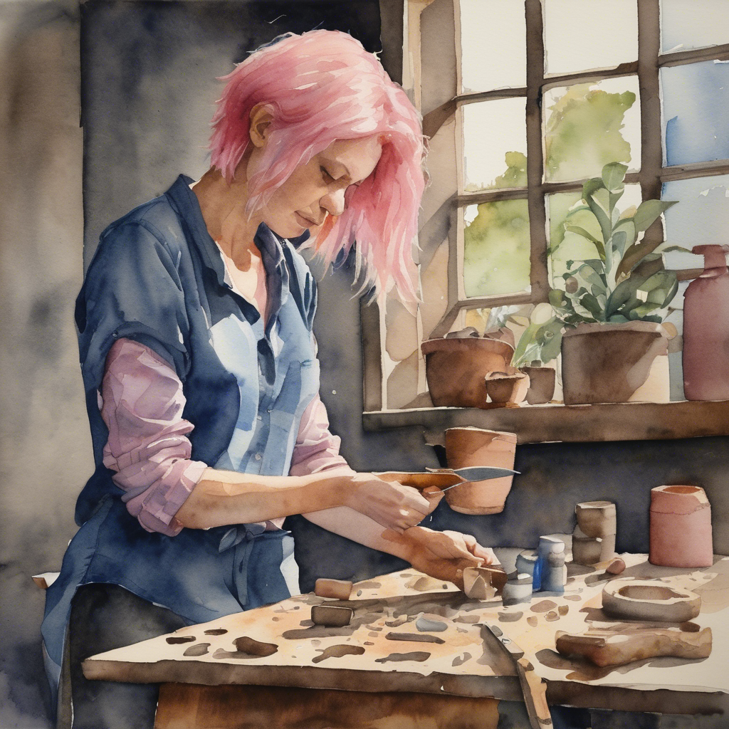 A woman with pink hair shaping and crafting materials at a table with plants