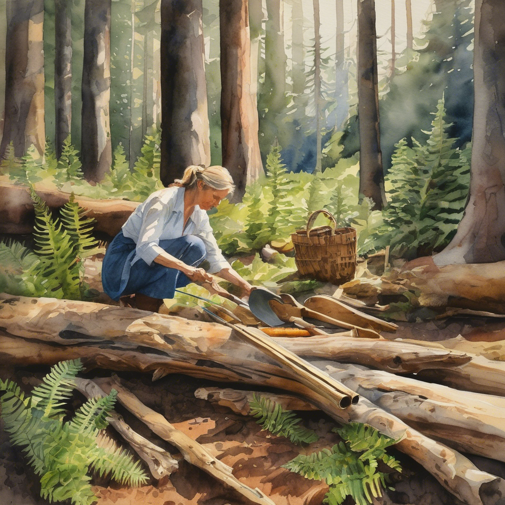 A woman in a forest selecting the right tool from many options