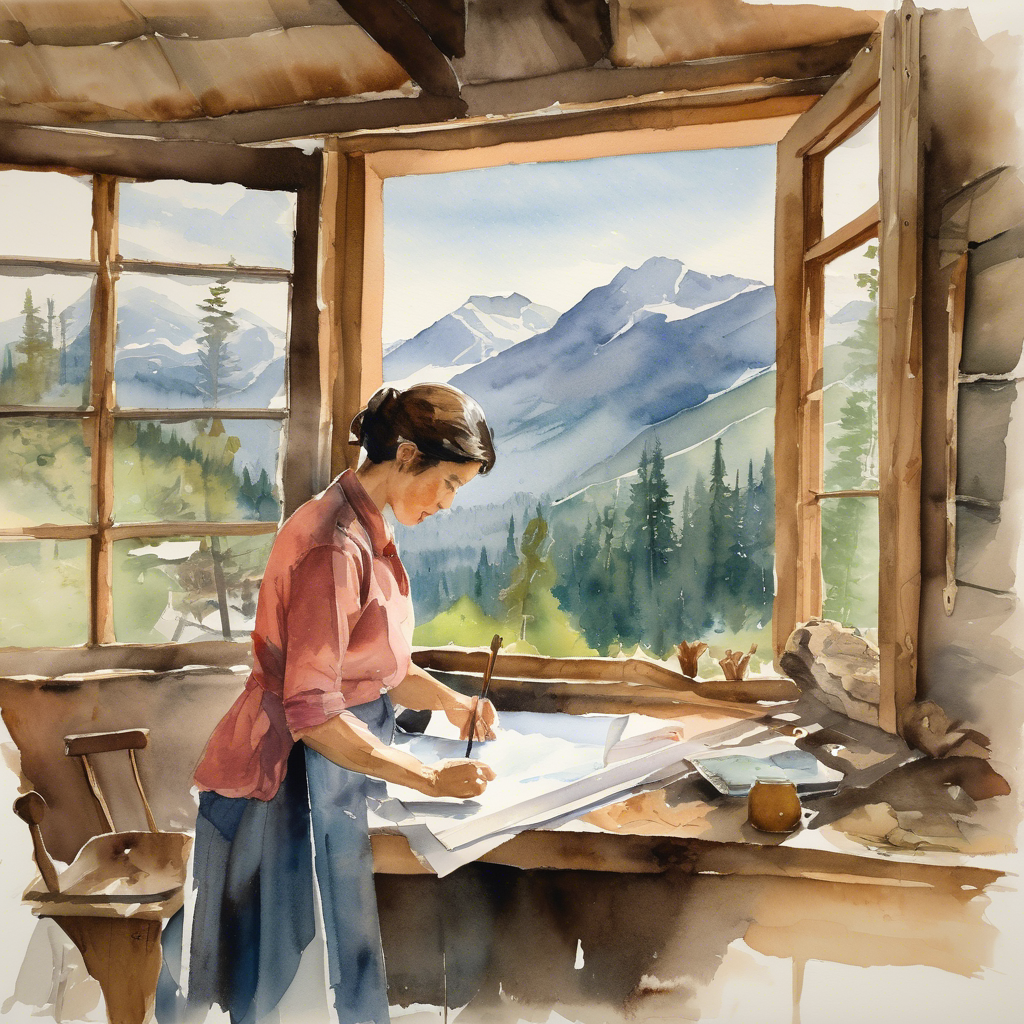 A woman at a mountain cabin workspace, designing and developing work with view and intention