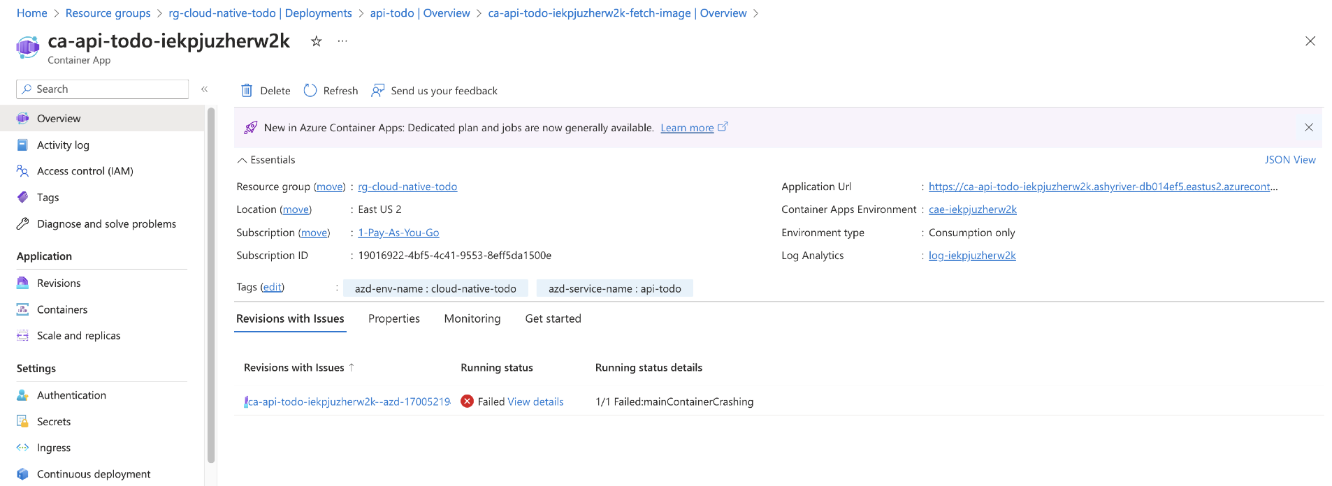 Azure portal Container App deployment revision error