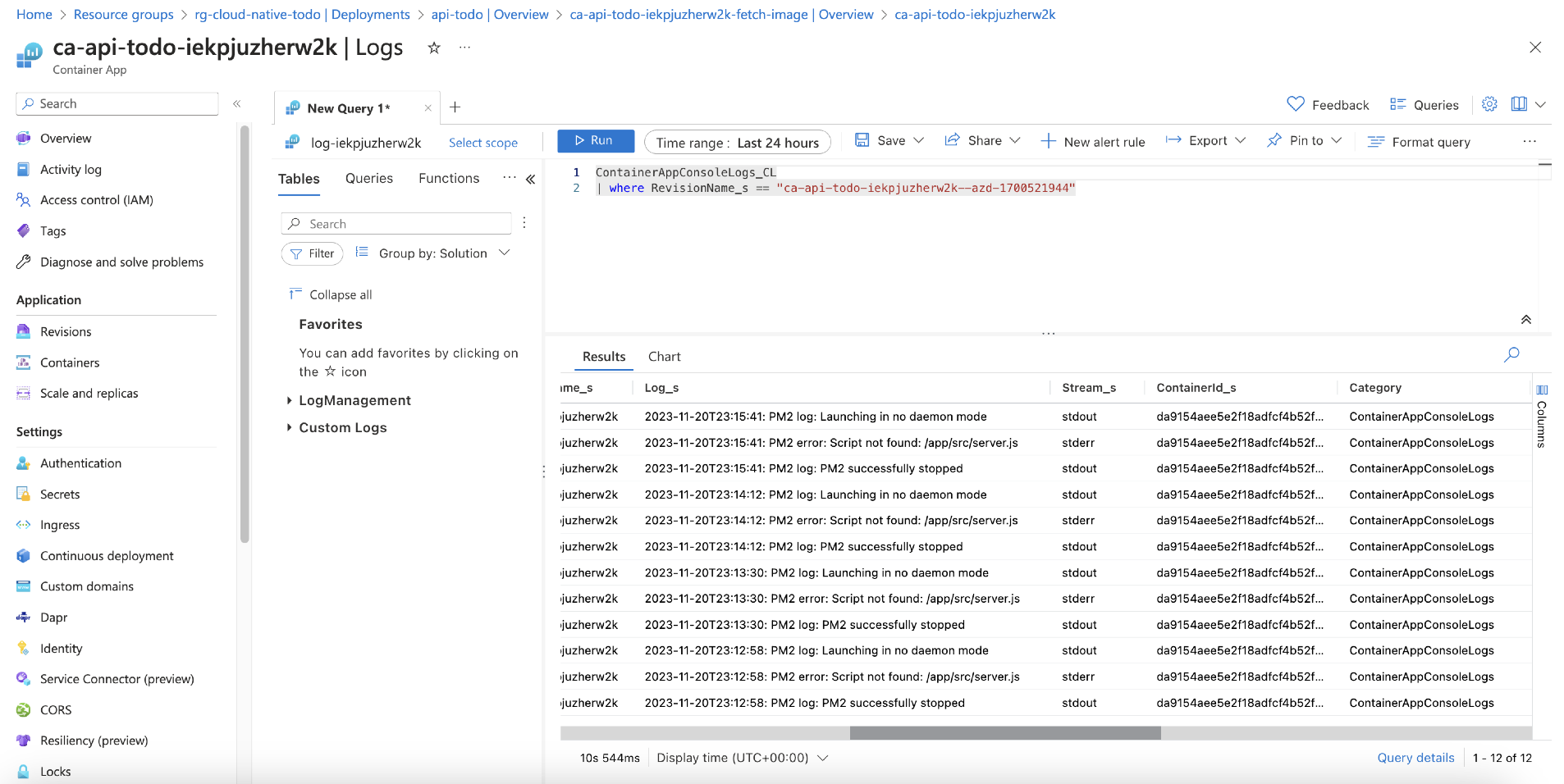 Azure portal Container App logs