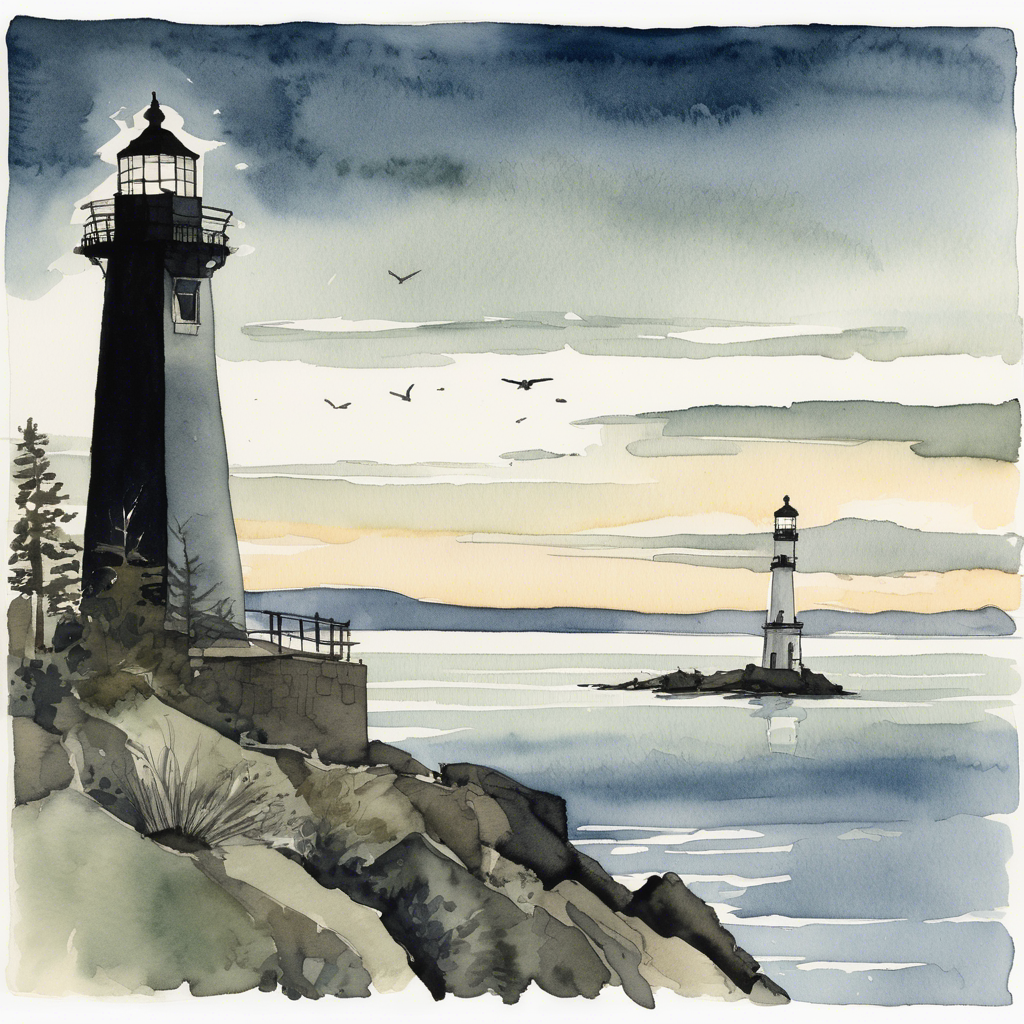 Two lighthouses on opposite shores of Bellingham Bay, their beams not quite connecting