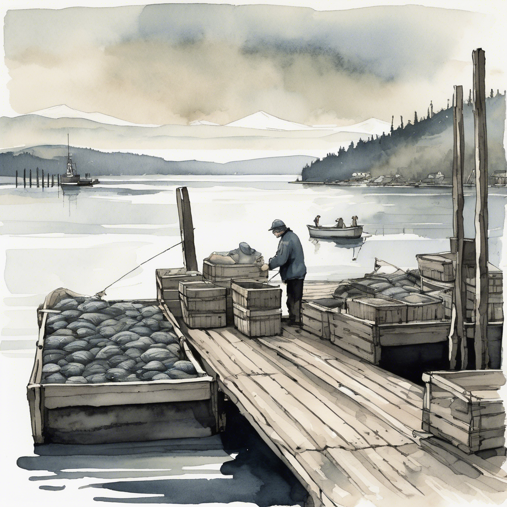 Fisherman on a Bellingham dock sorting the morning catch into labeled crates