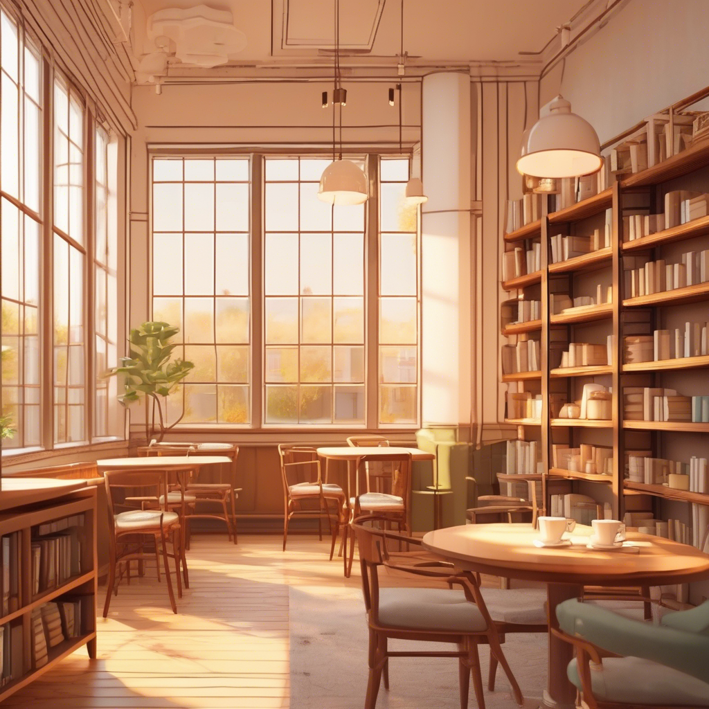 Self-hosted SDXL output: a warm, sunlit coffee shop interior with bookshelves, wooden tables, and afternoon light through tall windows