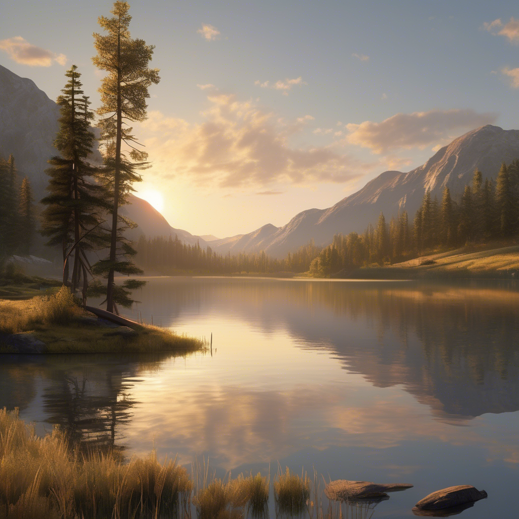 Self-hosted SDXL output: a photorealistic mountain lake at sunset with pine trees, still water reflections, and mountains in the background
