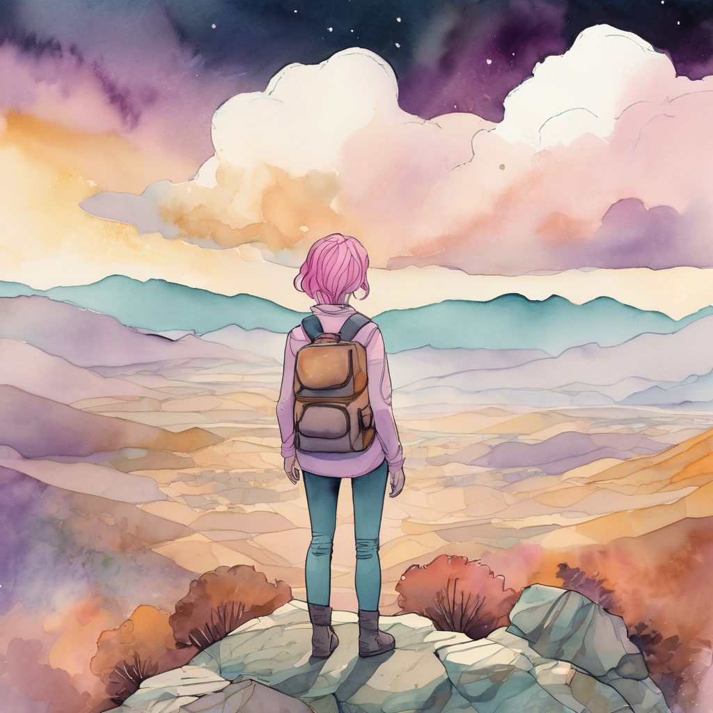 Watercolor illustration of a developer surveying an AI landscape of models, clouds, and tools from a hilltop desk