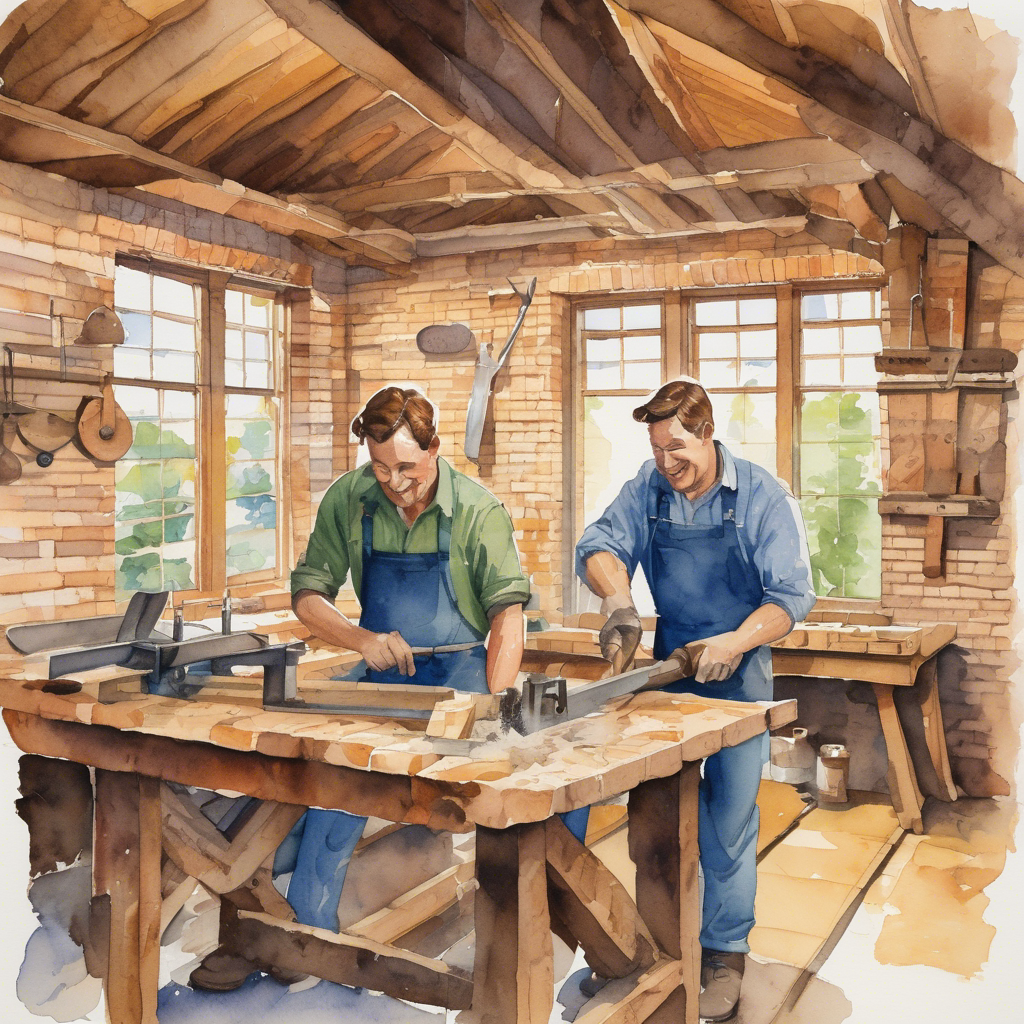 Watercolor illustration of a woodworker in blue meeting his first AI helper in green at a furniture workshop