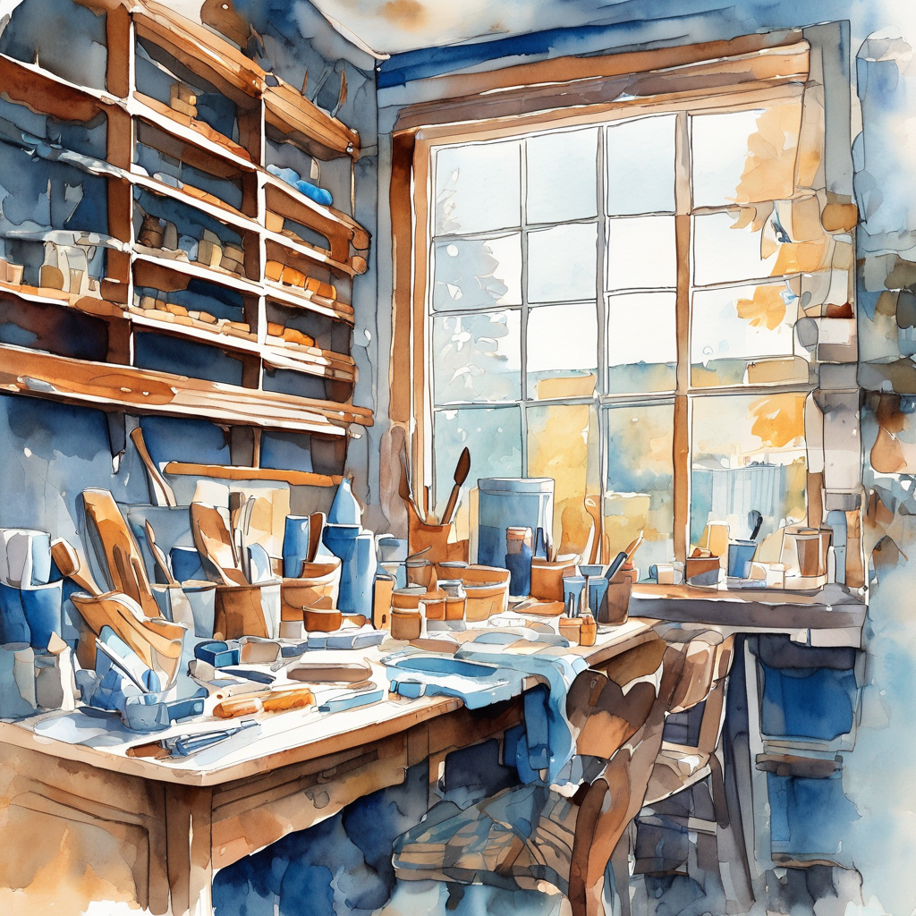 Watercolor illustration of a craftsperson's workbench being tidied and organized