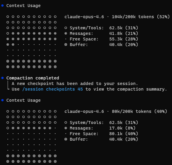 Before optimization: /context showing 52% usage and compaction to 40%