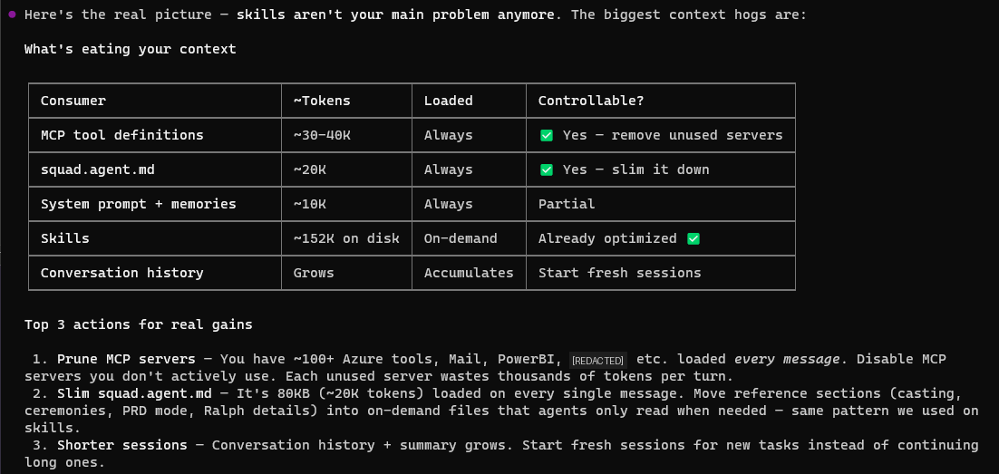 Context consumers breakdown: MCP tools 30-40K, agent instructions 20K, skills on-demand