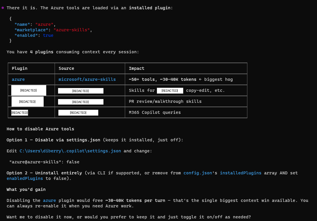 Azure plugin details: 4 plugins consuming context, 50+ tools at 30-40K tokens
