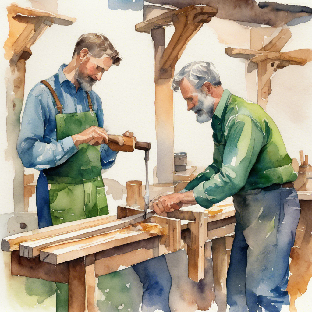 Watercolor illustration of a blue-shirted craftsperson at the workbench while a green-shirted helper steadies the joint