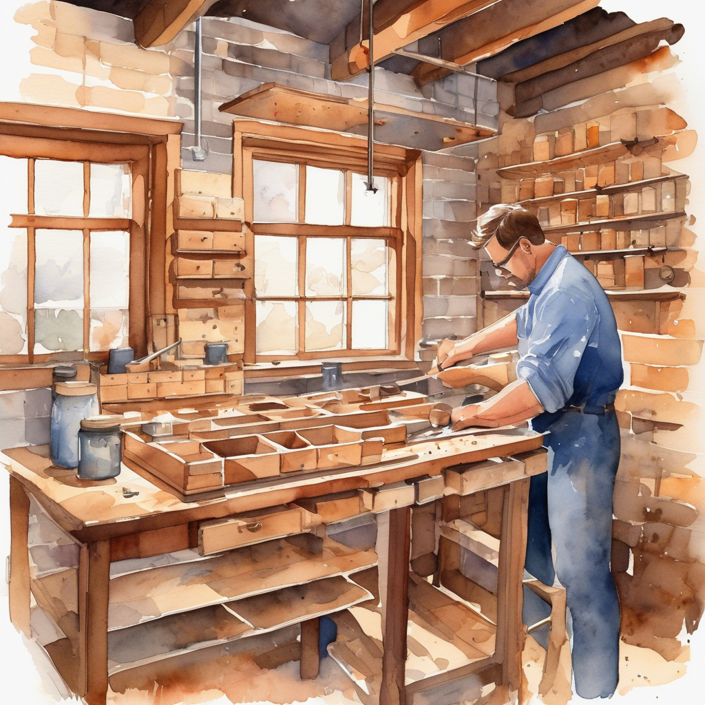 Watercolor illustration of a blue-shirted craftsperson alone, setting up custom jigs and labeled drawers