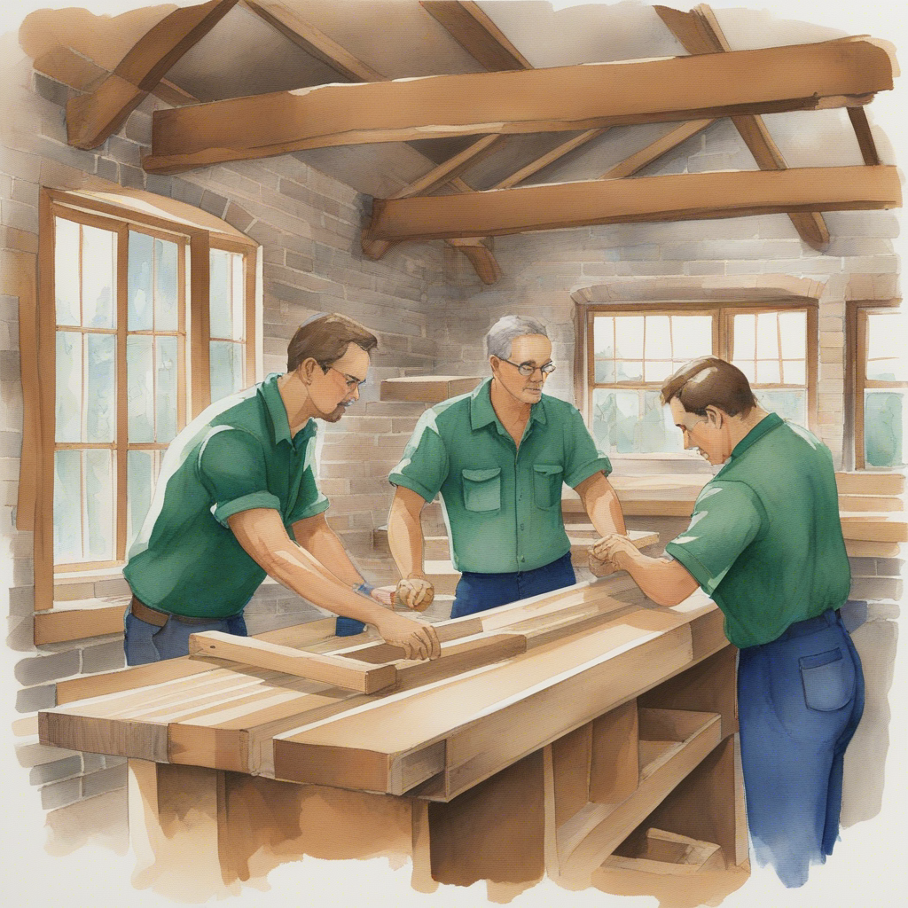 Watercolor illustration of craftspeople collaborating at a shared workbench in a woodworking shop