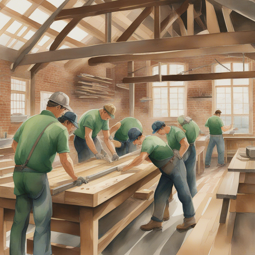 Watercolor illustration of workers building furniture at separate workbenches in a woodworking shop