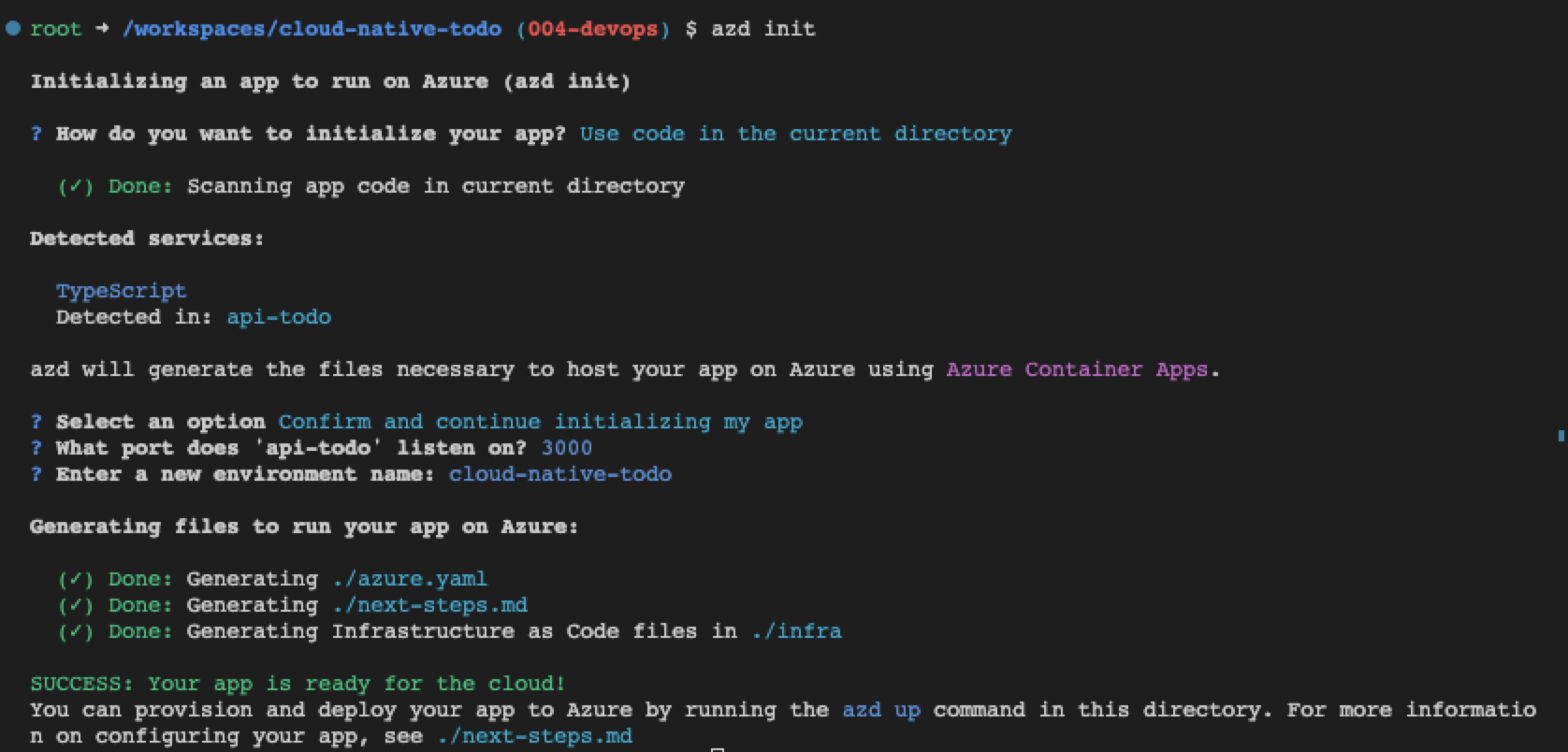 Screenshot of Visual Studio Code using azd init to create infrastructure of project.