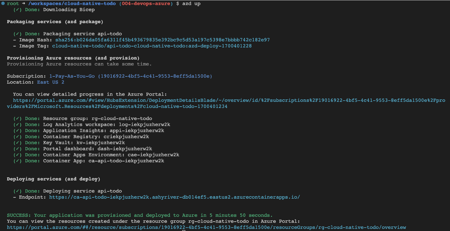 Screenshot of Visual Studio Code with successful deployment