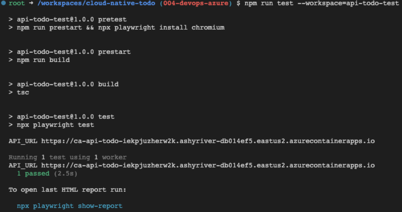 Screenshot of Visual Studio Code terminal with Playwright test results
