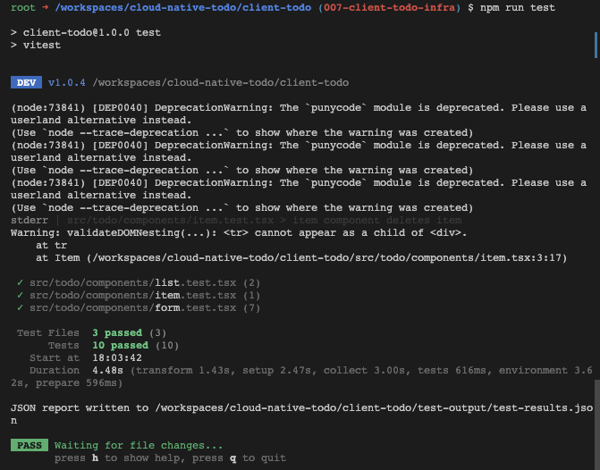 Visual Studio Code terminal running tests