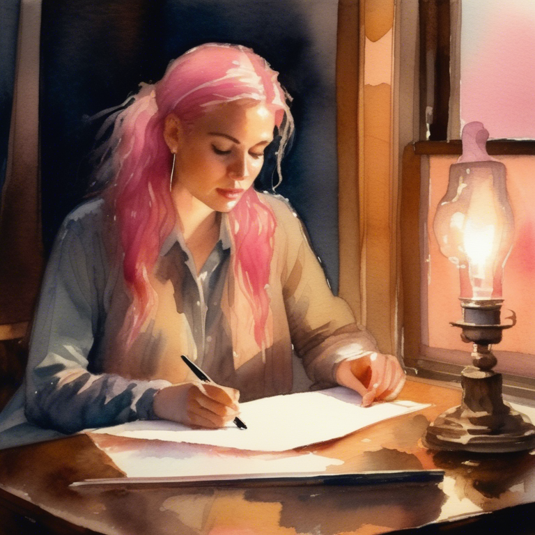 A developer writing the day's notes by lamplight, watercolor illustration