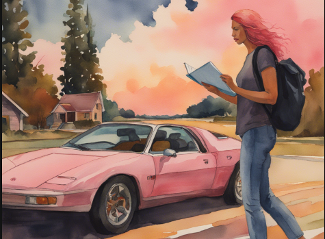 Woman at a crossroads holding the project book, ready to choose the path forward