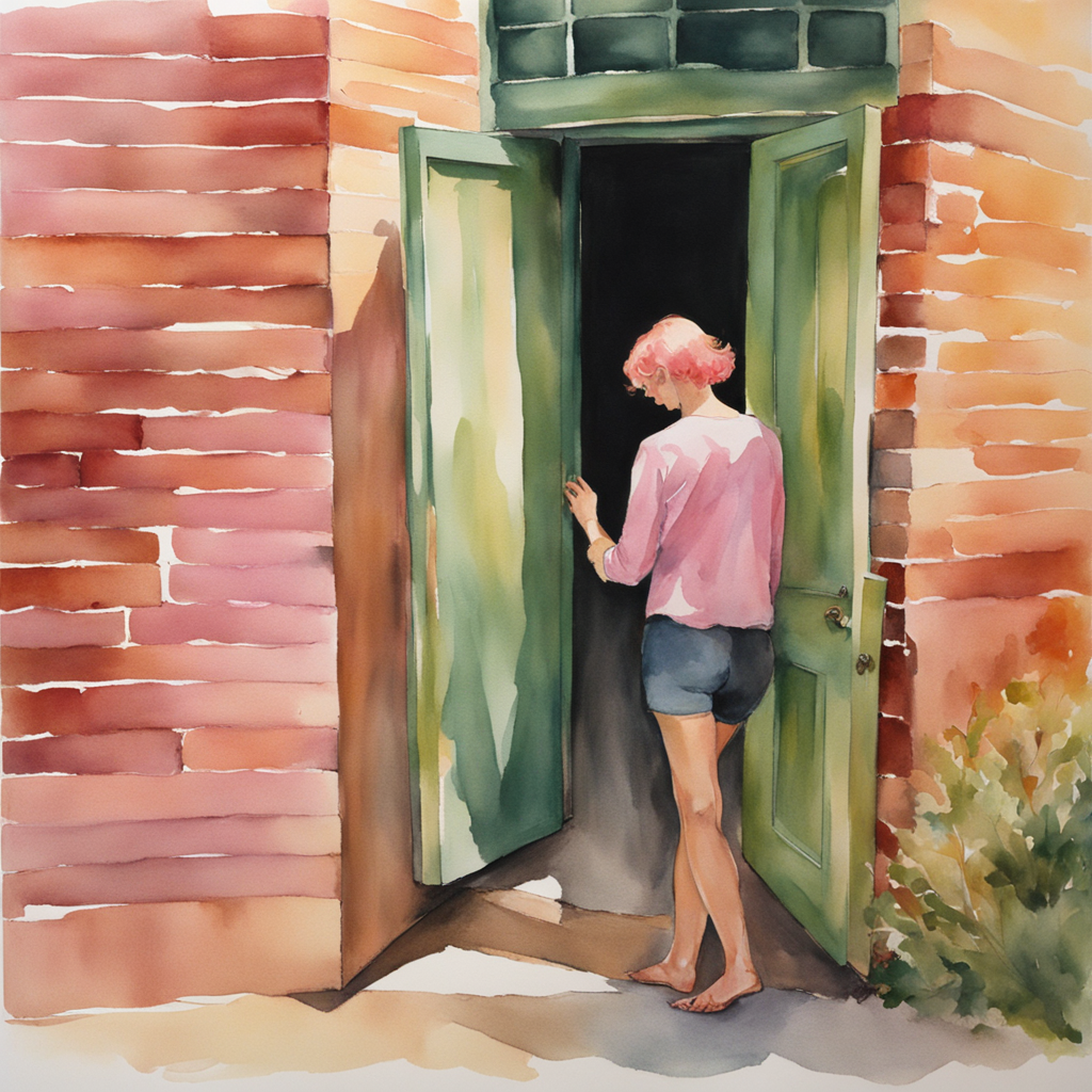 A pink-haired girl at a garden crossroads, with boxes stacked against a dead-end wall, watercolor illustration
