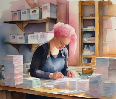 Woman at a workbench, carefully sorting decision cards between two containers: one for Squad's operational memory, one for the book's institutional memory