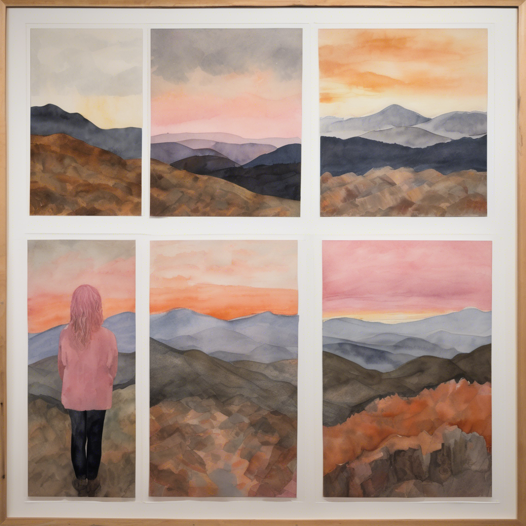 Woman viewing four landscape paintings on a wall — the same mountain at sunrise, noon, rain, and sunset — representing the config files seen from different angles