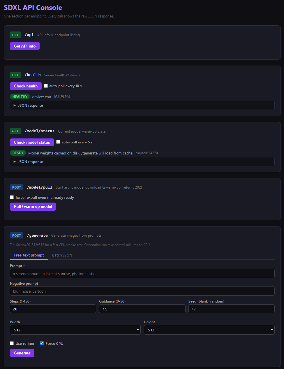 SDXL API Console web UI with one section per endpoint: GET /api, GET /health showing HEALTHY on device cpu, GET /model/status showing READY with model weights cached on disk, POST /model/pull, and a POST /generate form with prompt, steps, guidance, size, and Force CPU options